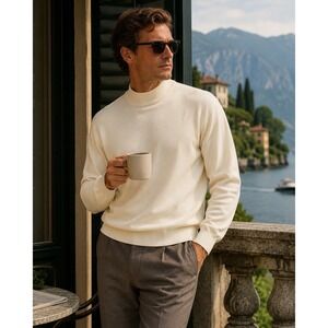 Gran Sasso Mark Shale Sweater Men L Italian Virgin Wool Mock Neck Ivory Butter